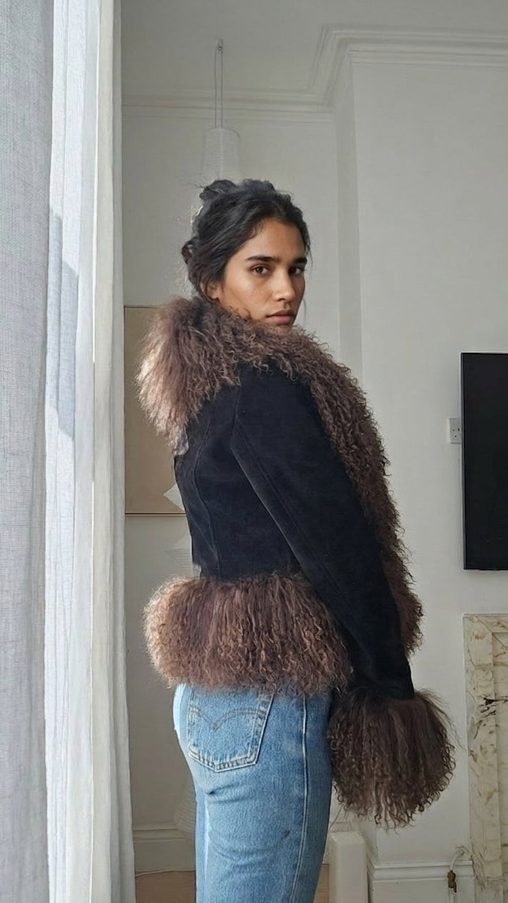 Cropped Shearling Jacket in Black & Brown #Colour_Black & Brown
