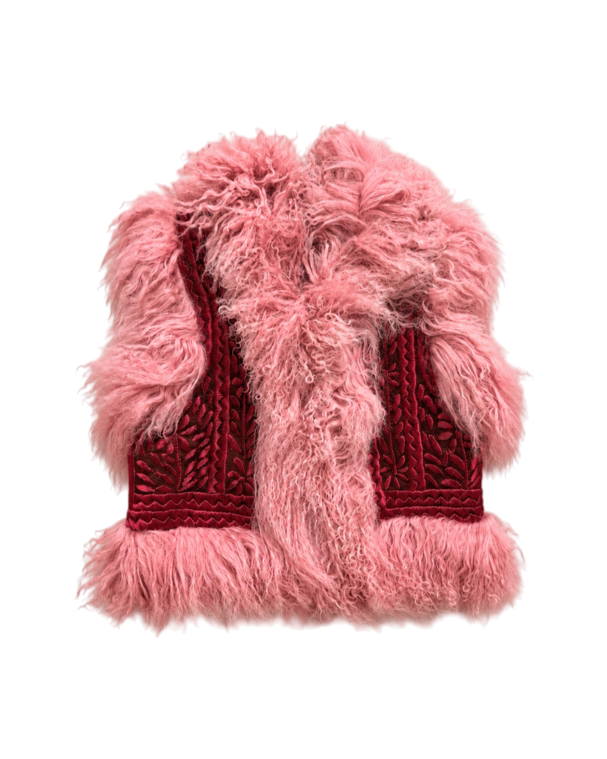 Aql&Nafs Ariella Weste aus braunem Leder mit pinker Stickerei und flauschigem mongolischem Lammfellbesatz