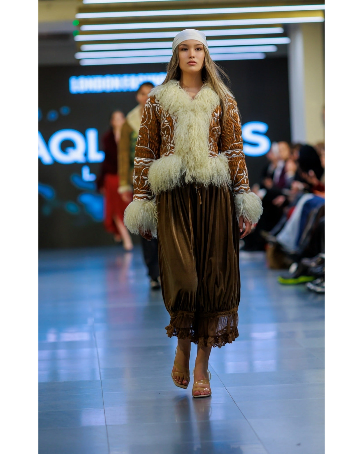 Ghazali handmade Afghan cropped jacket by Aql&Nafs – copper suede, ivory embroidery, shearling